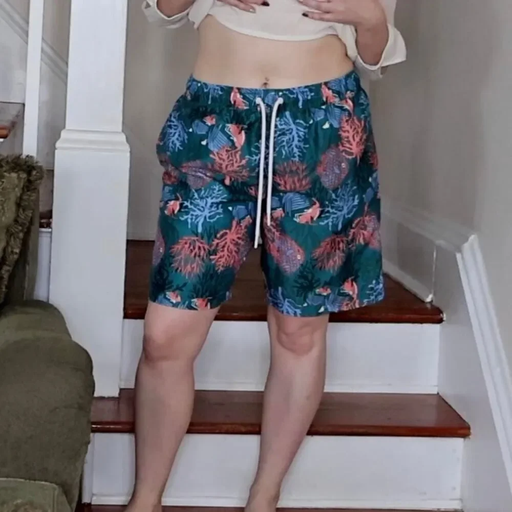 Teal Swim Shorts Fish Coral Reef Sz L Drawstring Bathing Trunks Tropical